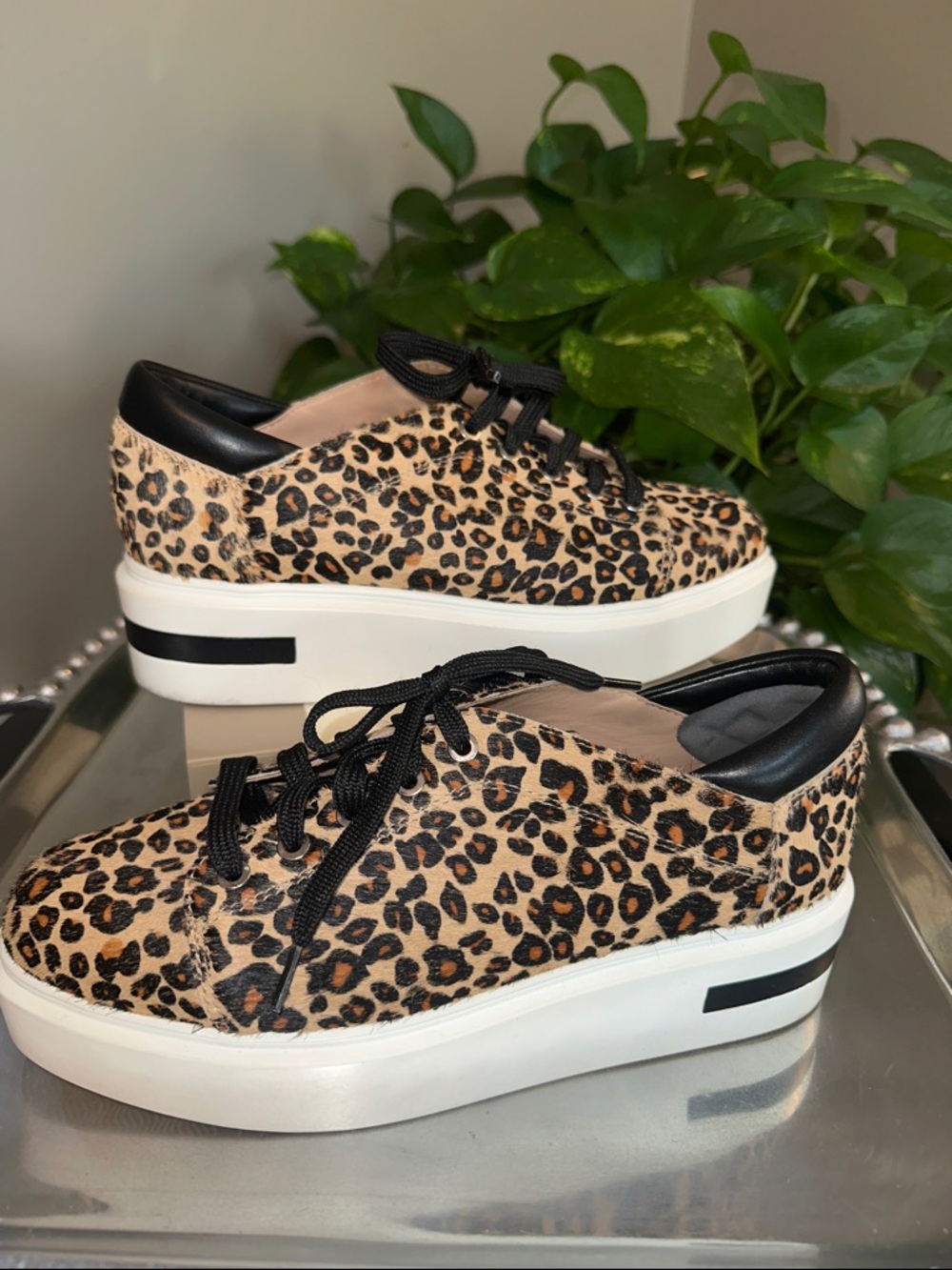 Paolo Leopard-Print Platform Sneakers in Calf Hair EUC size 7.5